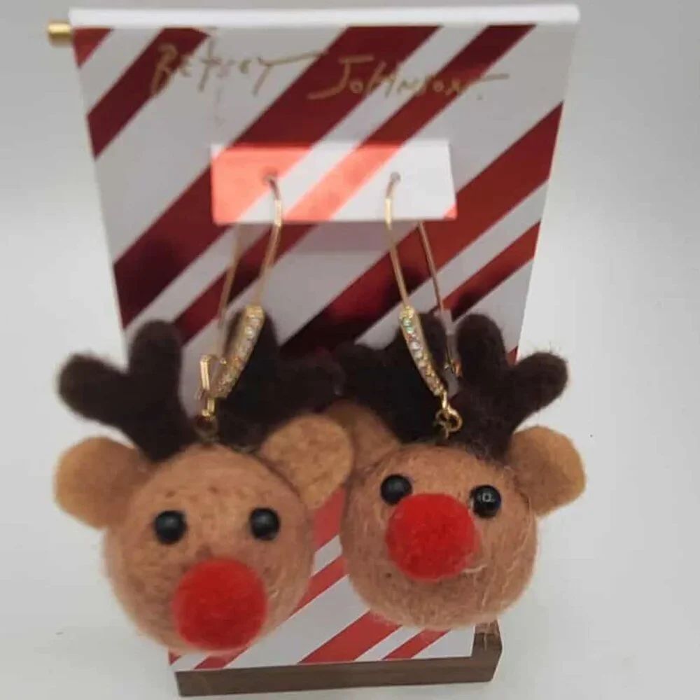 Betsey Johnson Brown Pom Pom Reindeer Earrings NWT!  NEW!  Christmas